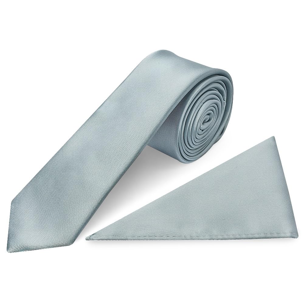 Ties R Us Men's Blue Plain Duck Egg Satin Skinny Tie And Pocket Square Set