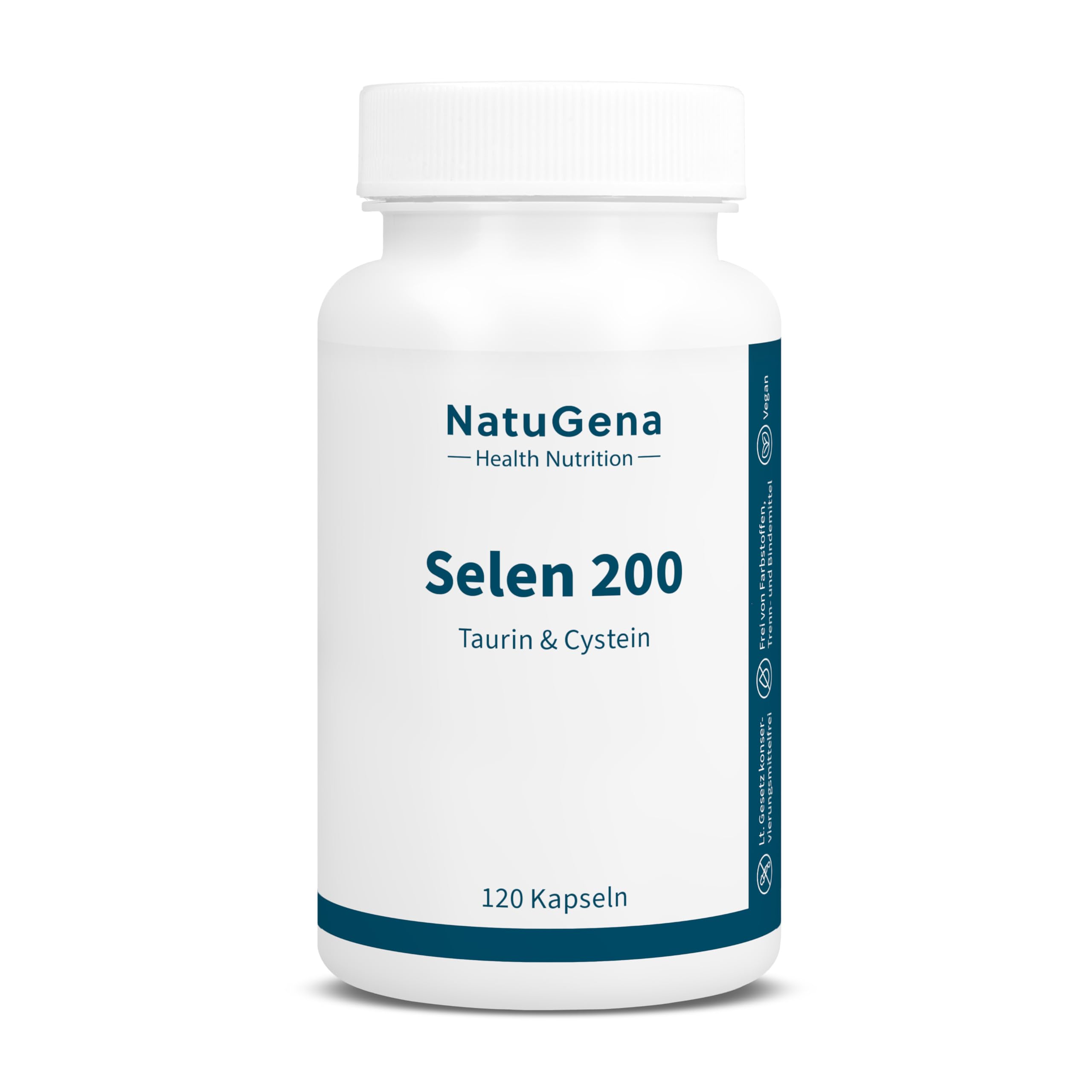 NatuGena Selen 200, Taurin, 100 mg L-Cystein pro Kapsel, vegan, laktose- und glutenfrei, 120 Kapseln