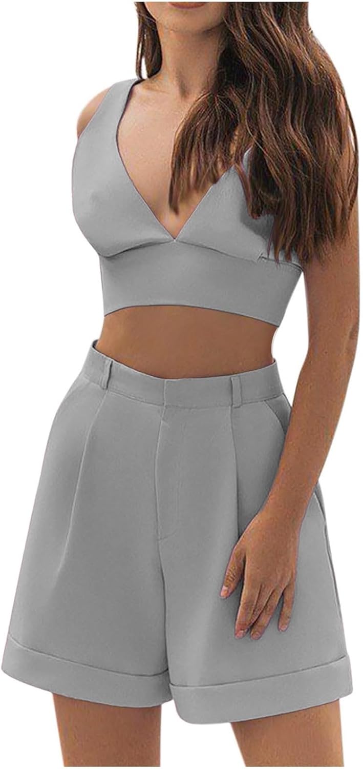 Women’s 2 Piece Outfit Spaghetti Strap Sleeveless Crop Top Camisole and Wide Leg Long Shorts Set Going Out Outfits