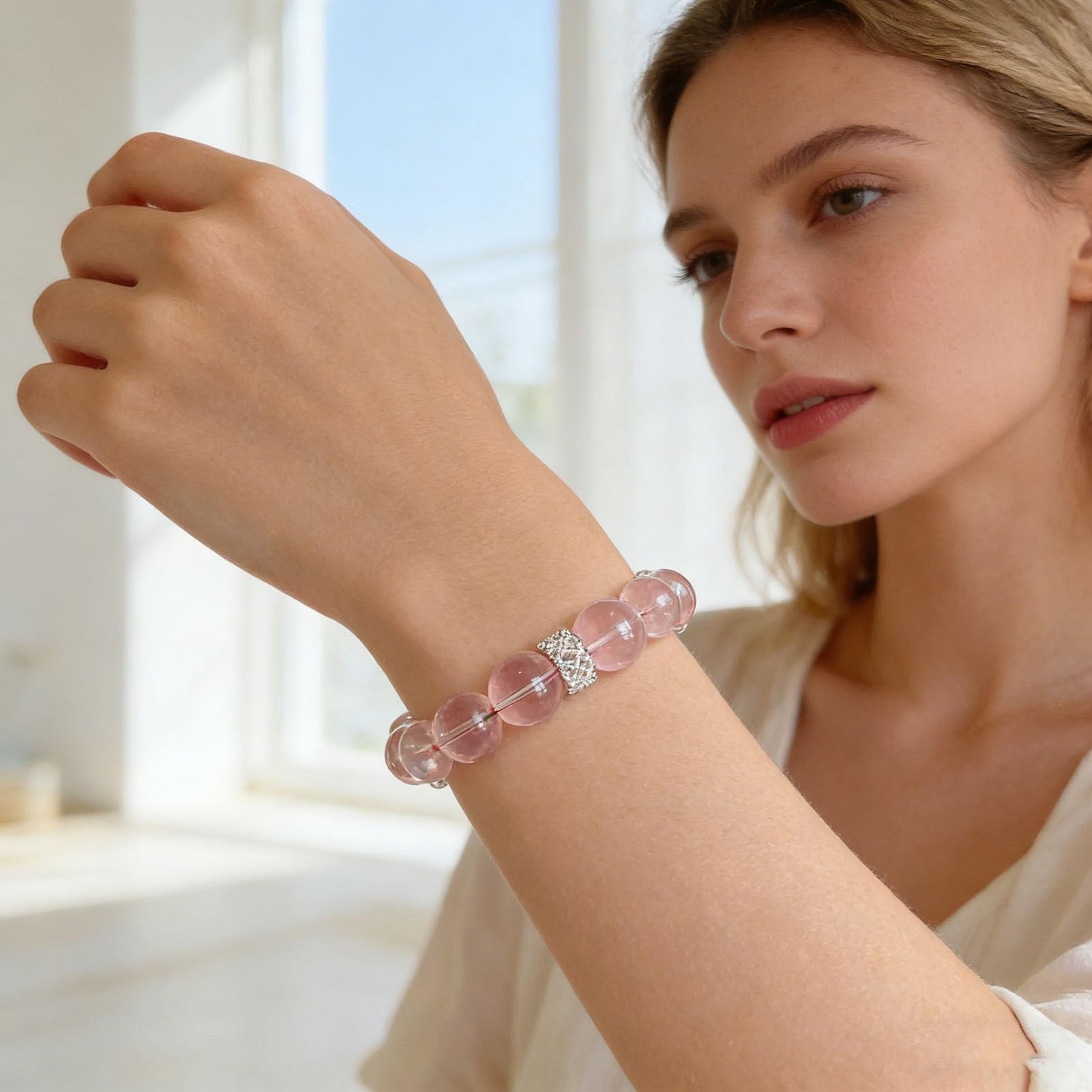 Pulsera de Cuarzo Rosa para Mujer, Pulsera elástica de Cristal Rosa Natural para el Amor, Cuidado Personal de la Amistad, Regalo de San Valentín para Ella, Esposa, Novia,10MM