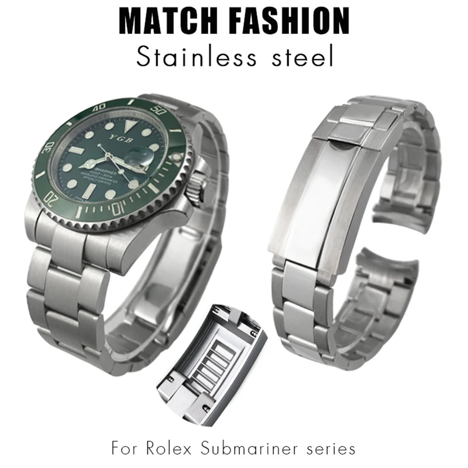 Pasek ze stali nierdzewnej 316L 20 mm do zegarka Rolex Submariner Daytona Data z przesuwanym zapięciem i solidnym srebrnym paskiem