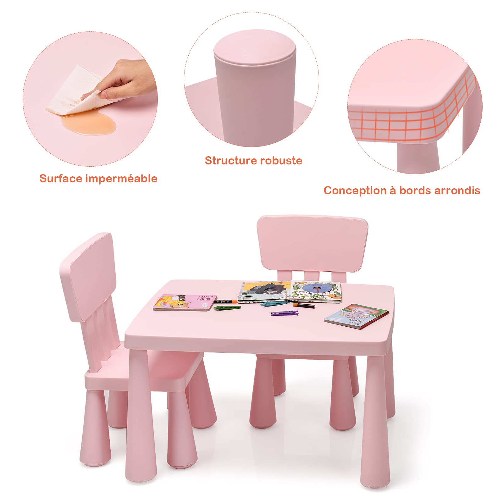 GOPLUS Table Enfant avec 2 Chaises, Petite Table d'Activité Enfant en Plastique pour Manger, Étudier, Jouer, pour Filles Garçon 1-7 Ans, Charge 50KG (Rose)