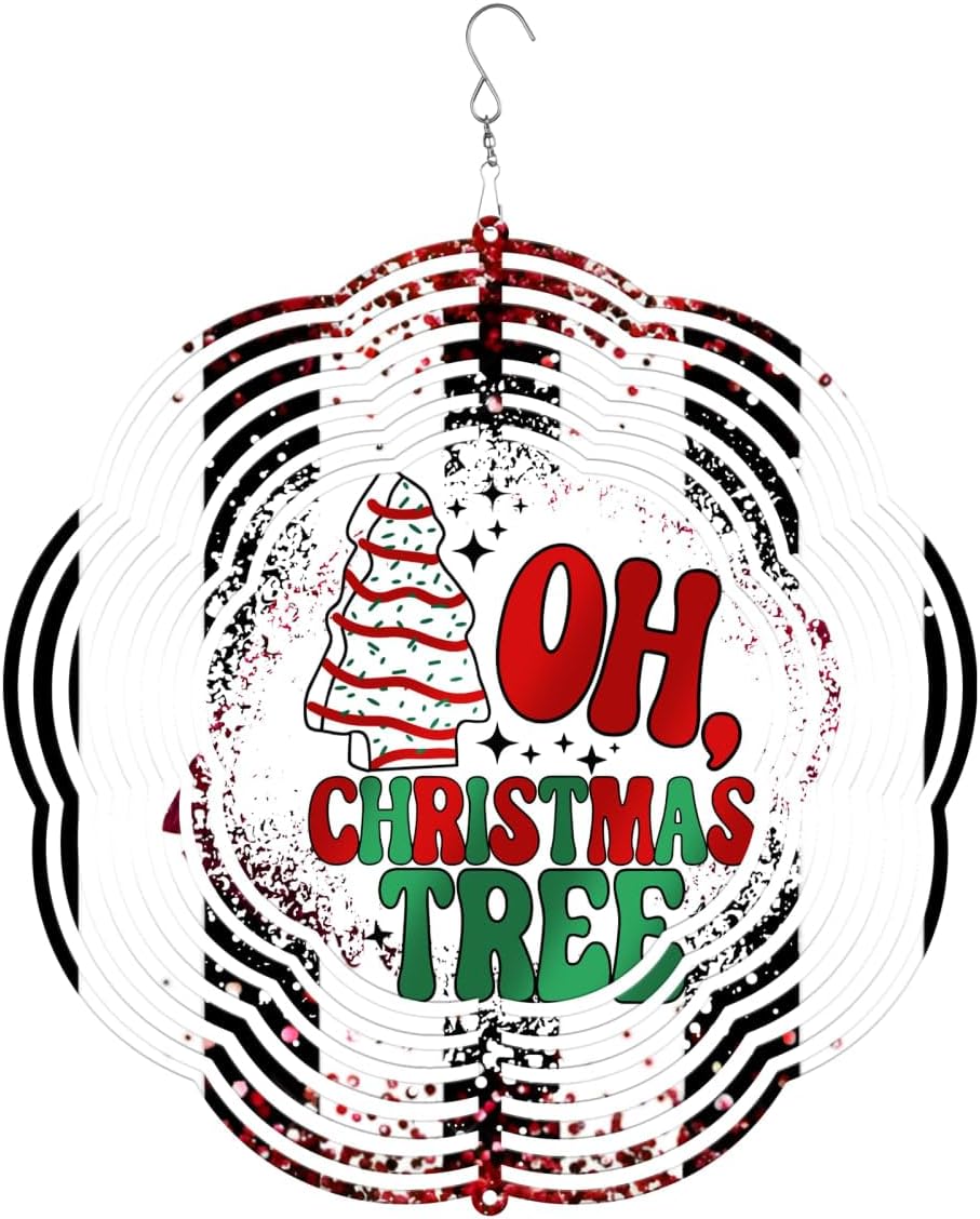 Oh Christmas Tree Christmas Wind Spinners 3D Stainless Steel Laser Cut Metal Double Sided Printing-Hanging Indoor/Outdoor Decorations Yard Gardening Decor,Metal Kinetic Art 14x14 inches