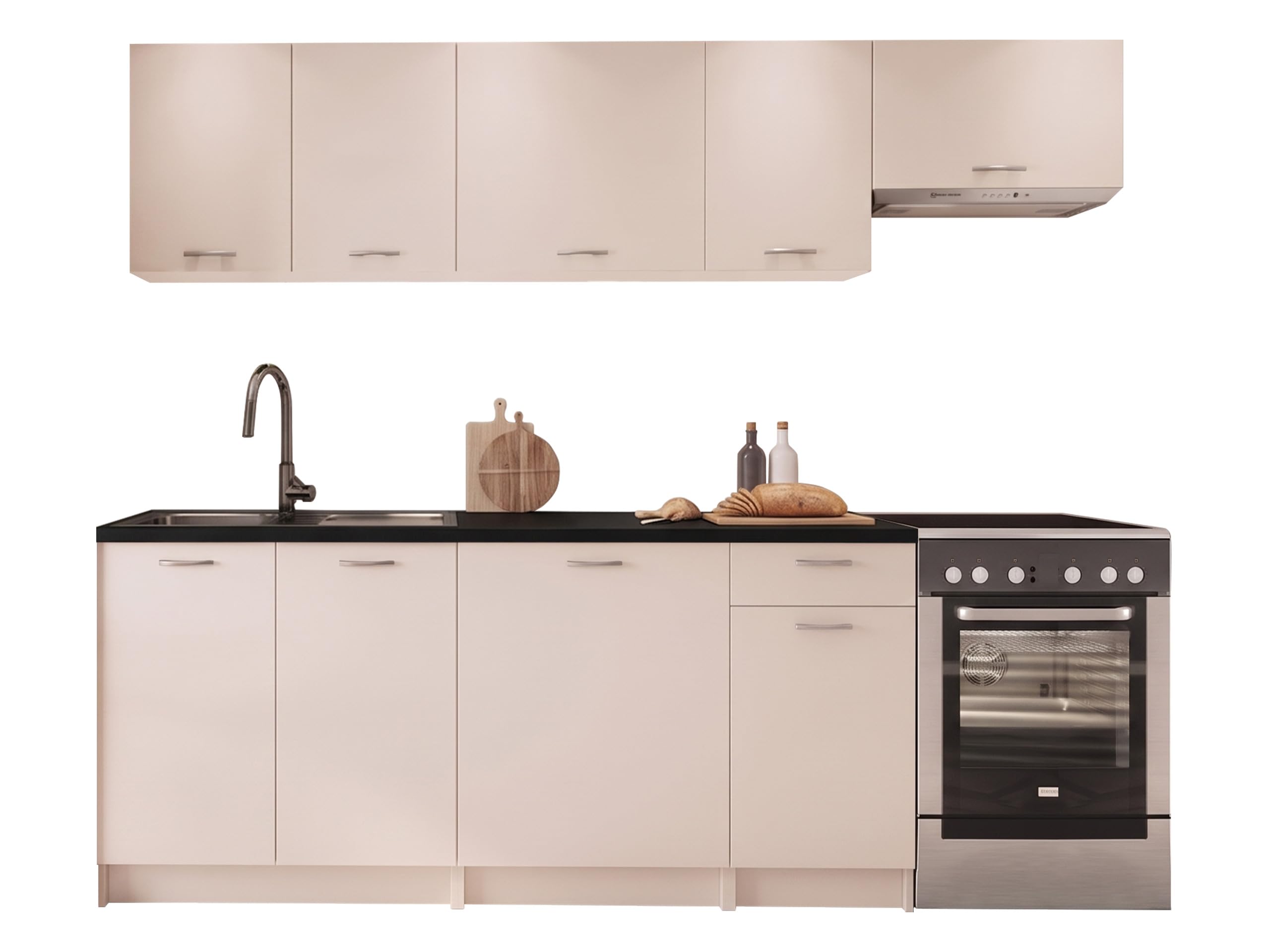 Mirjan24 Mela Küchenmöbel Set 180/240 cm mit Arbeitsplatte - Moderne Einbauküche in Creme/Beige, Hängeschränke & Unterschränke, 7 Schrank-Module (Cashmere/Schwarz)
