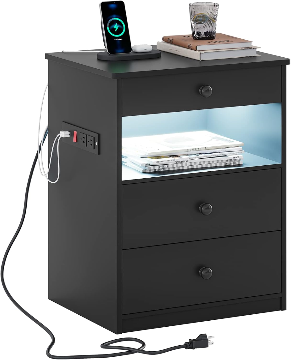 EPHEX Nightstand with LED Lights and Charging Station, End