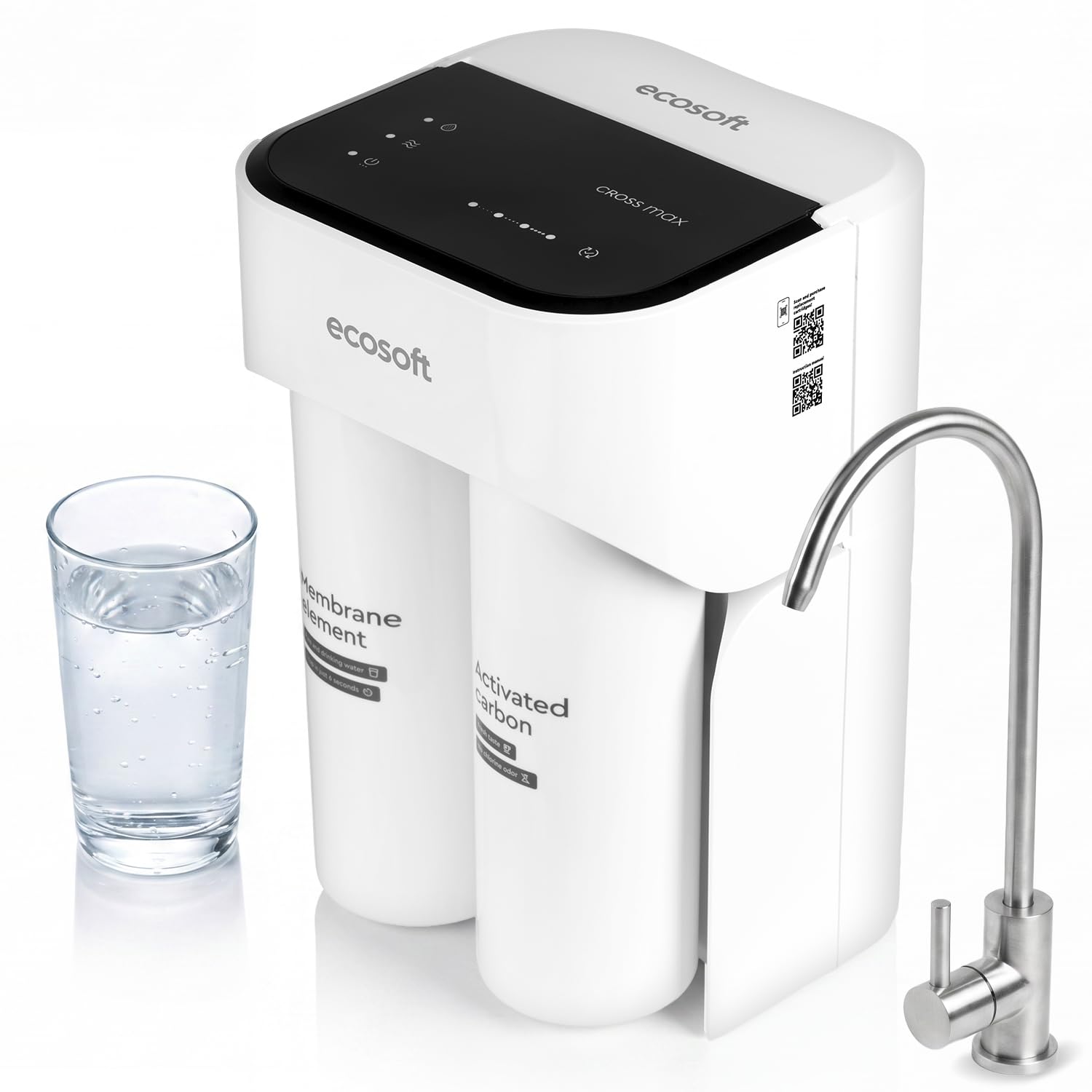 Ecosoft CROSS MAX Umkehrosmoseanlage ohne Tank – Direct Flow Untertisch-RO-Wasserfilter, 800 GPD, 2 L/min, 4-stufige Filtration in 2 Kartuschen, schneller werkzeugloser Kartuschenwechsel
