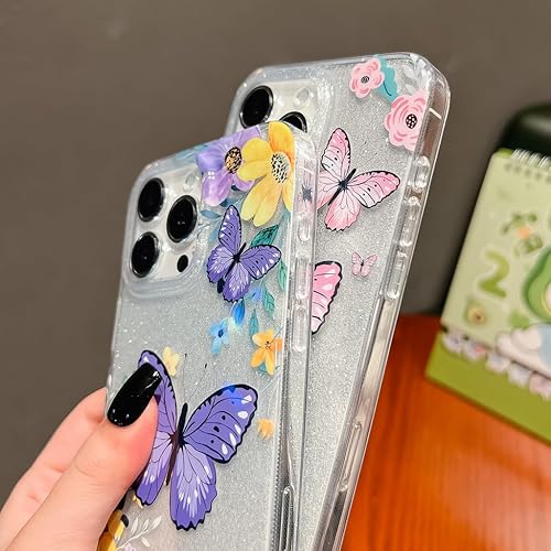 Miniatura 5 de BANAILOA Funda compatible con iPhone 14 Pro Max con diseño de mariposas para mujer, diseño de flores con purpurina de lujo, funda protectora delgada