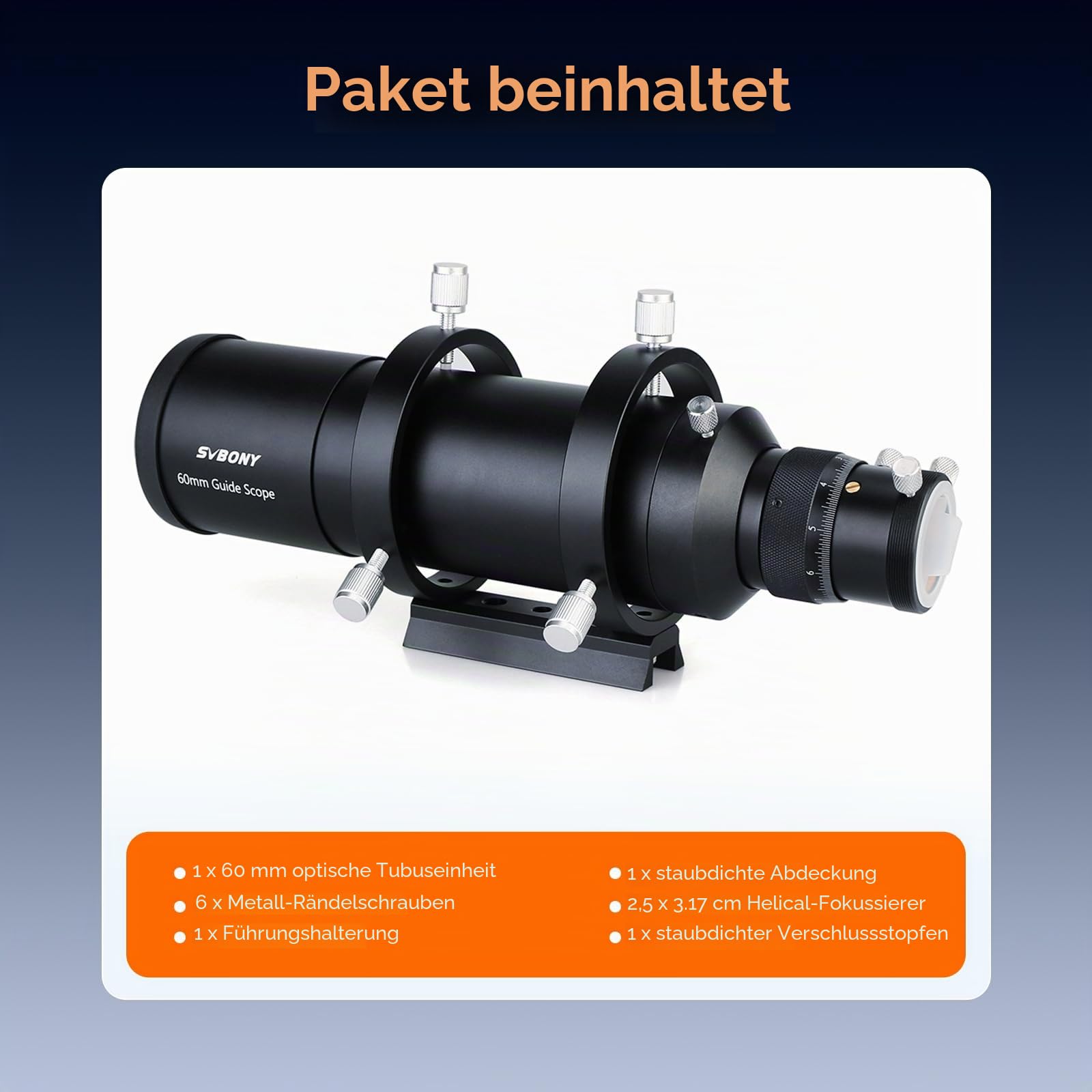 Svbony SV106 Guidescope, 60mm FMC Sucherfernrohr mit 240mm Brennweite Helical Fokussiergerät, Teleskop Sucher Zubehör für Teleskop Astrokamera Autoguide Astrofotografie