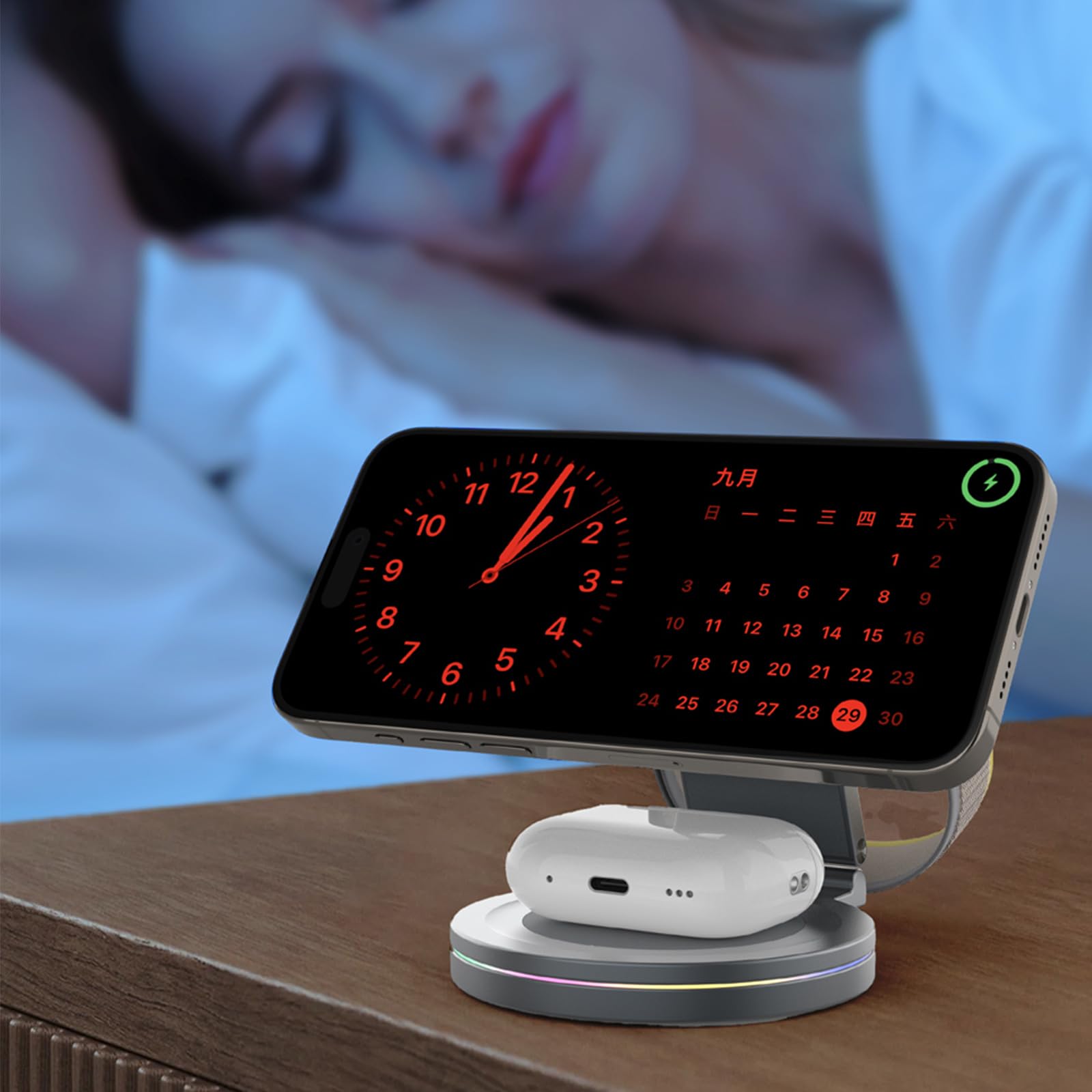 Support de charge rotatif en métal pour téléphone et montre connectée - Fonction 3 en 1 - Lumière à gradation automatique - Station de charge compacte et pliable