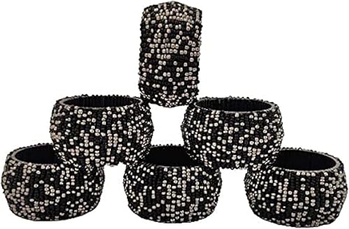 Sharvgun Servilletero con cuentas de perlas, decoración de mesa, servilleta negra y dorada, fiesta de Navidad, 8 unidades
