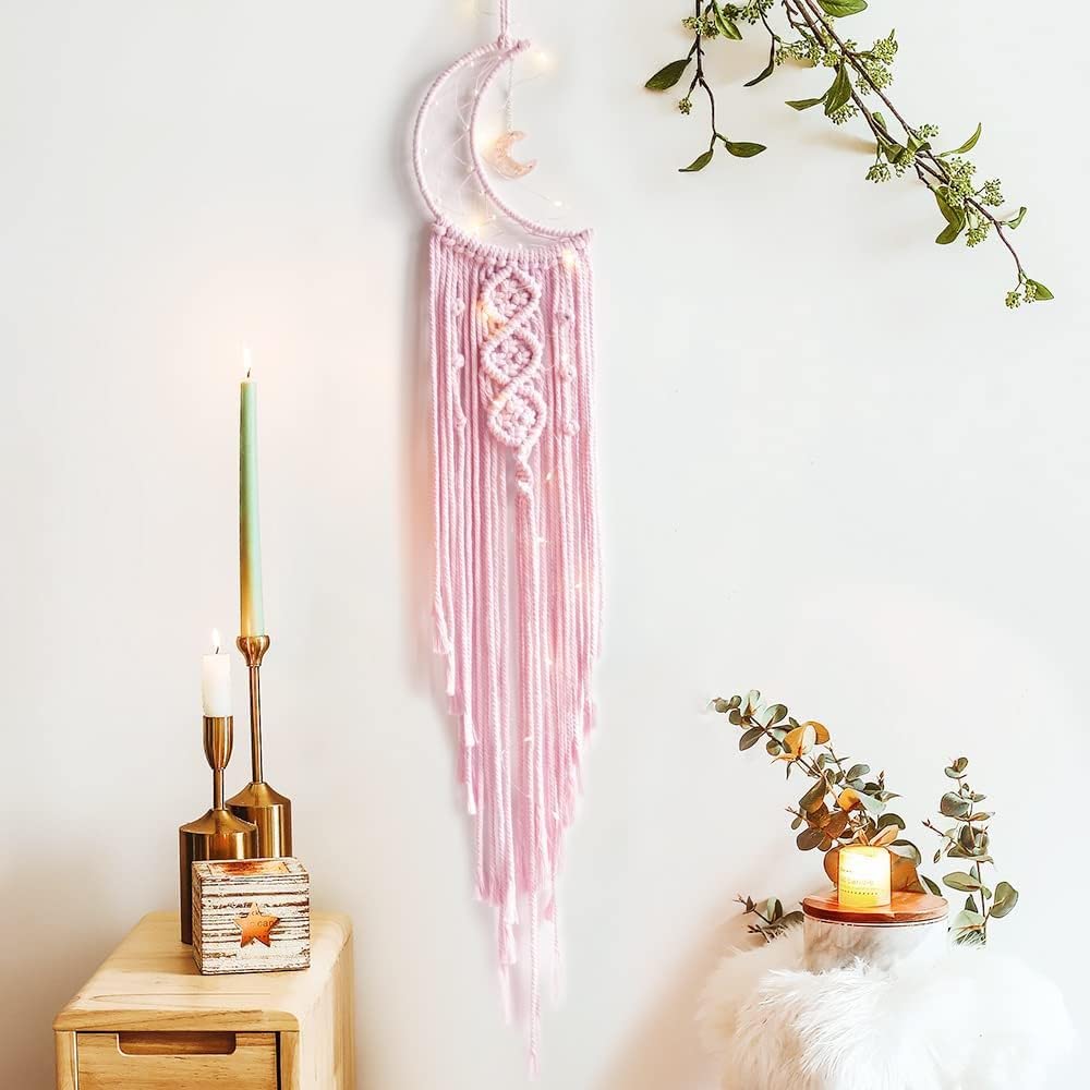 Handmade Macrame Moon Dream Catcher | WBDC 01 | Boho Wall Hanging Decor, Best Gift for Girls, Friends, Marriege Party, Home, Bedroom, Living Room Decoration Pack of 2,36" H x 6" W-picture-34