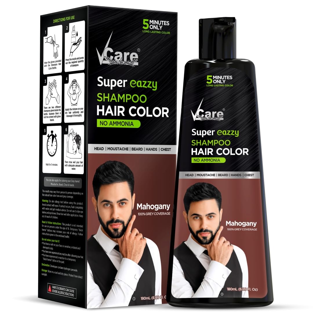 Super Eazzy Hair Colour Shampoo for Women and Men 180ml | Only 5 Minute Root Hair Dye Coloring Kit Head, Moustache, Beard, Hands, Chest | No Parabens, Ammonia And Sulfates (Mahogani)