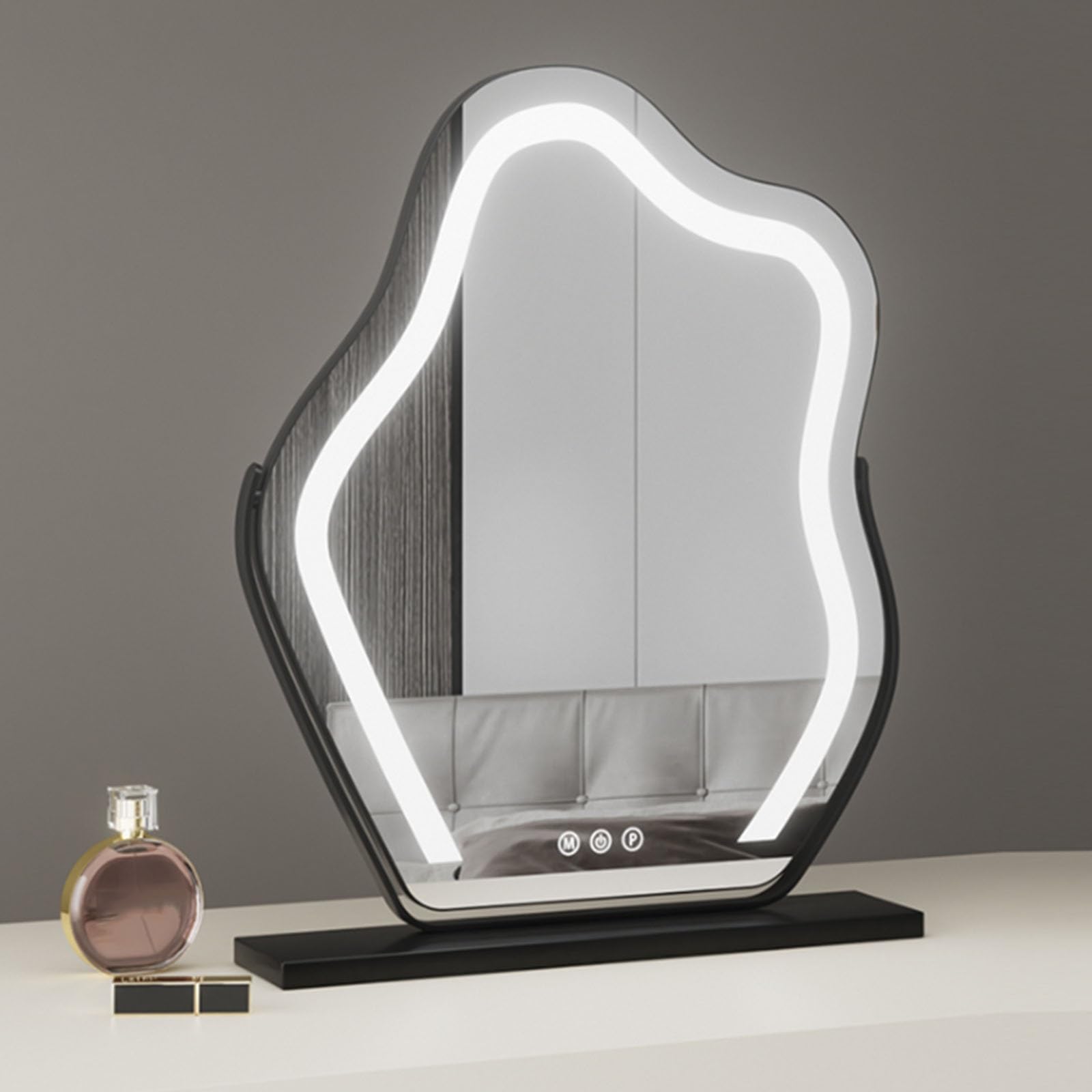 SXFSDOU Rechargeable LED Lighted Makeup Vanity Mirror Cloud Shaped Tabletop Illuminated for Bathroom Desktop Cosmetic Nero 30X43Cm