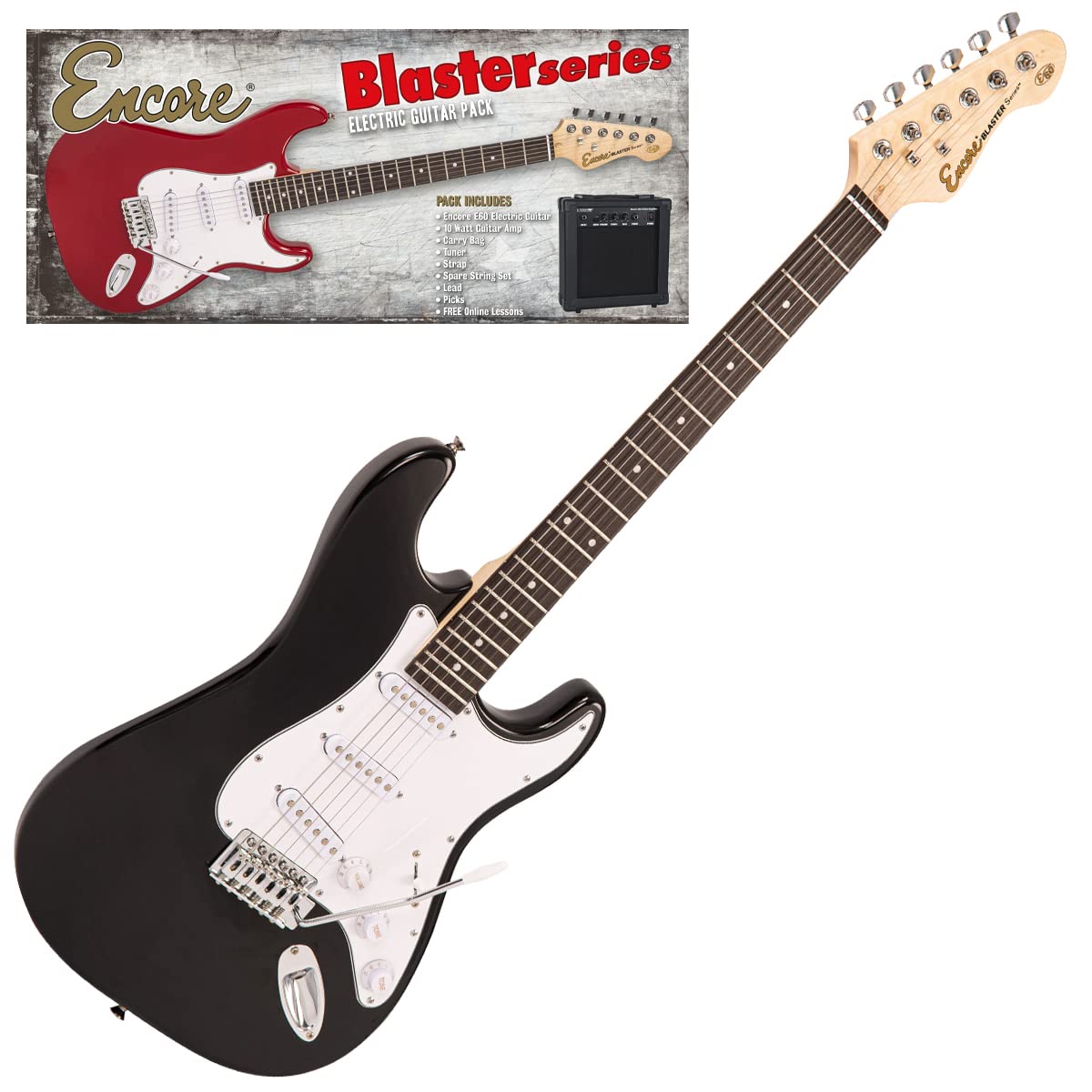 Encore Blaster E60 - Chitarra elettrica, colore nero lucido, include chitarra, borsa, tracolla, accordatore, amplificatore e accessori | corpo solido a doppia apertura | lezioni online incluse |