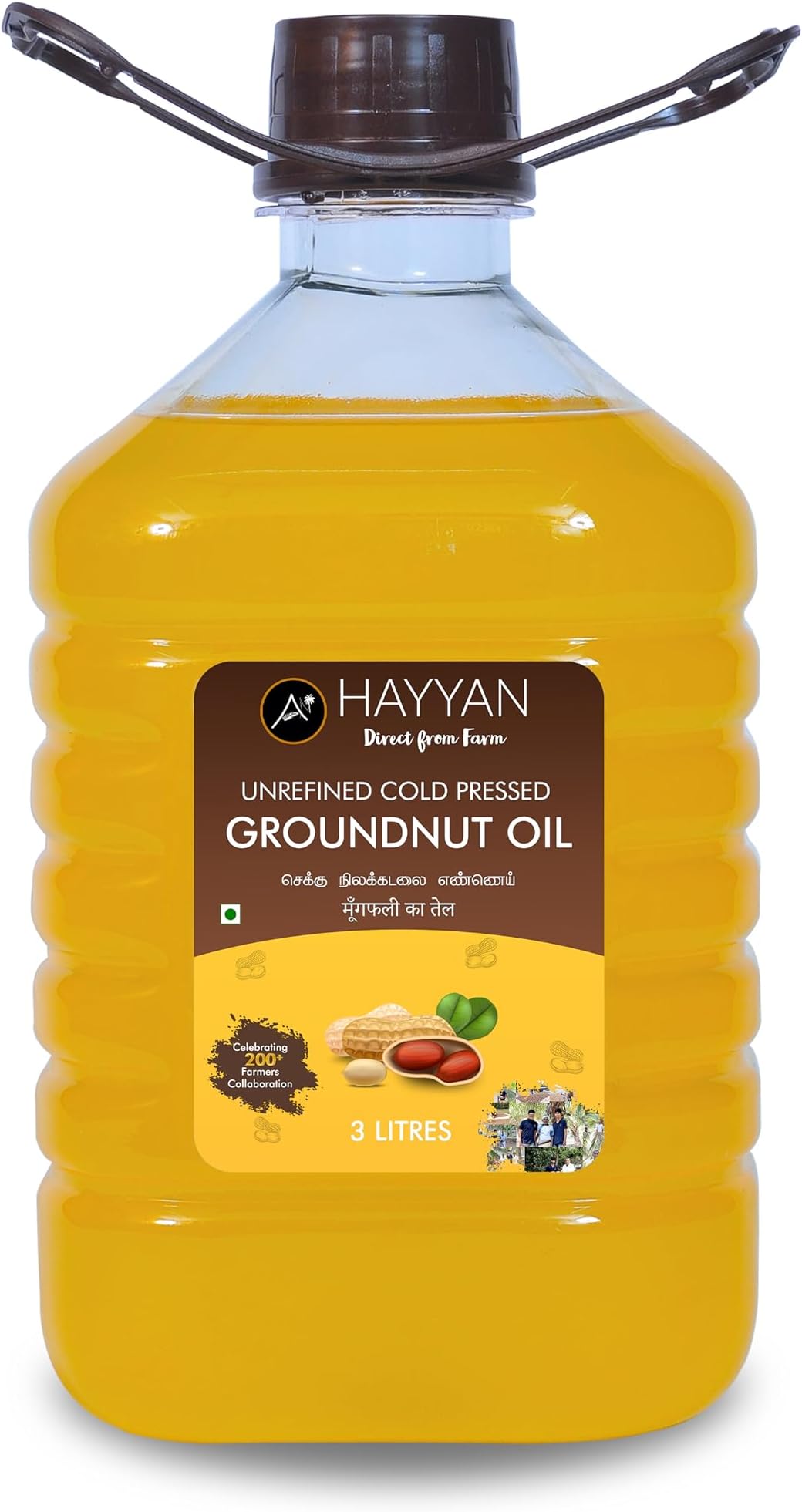HAYYAN 100% Pure Unrefined Cold/Wood Pressed Virgin Groundnut Peanut Oil 3 Liter - for Cooking (Chekku/Kacchi Ghani)