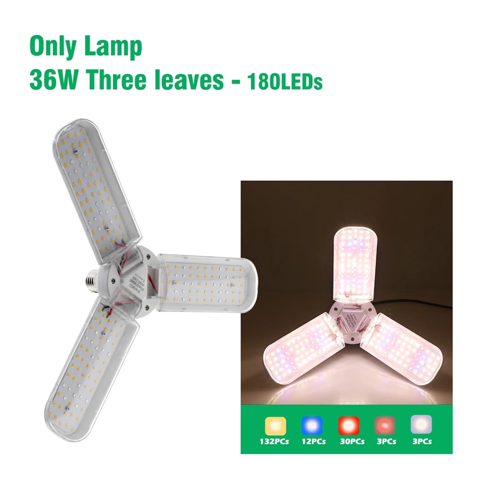 Luz LED Crecimiento, Luz LED plegable de 24W, 36W, 48W, espectro completo, E27, luz for cultivo de plantas, Bombilla Phytolamp for plantas de interior, plántulas de flores(36W-Only lamp)