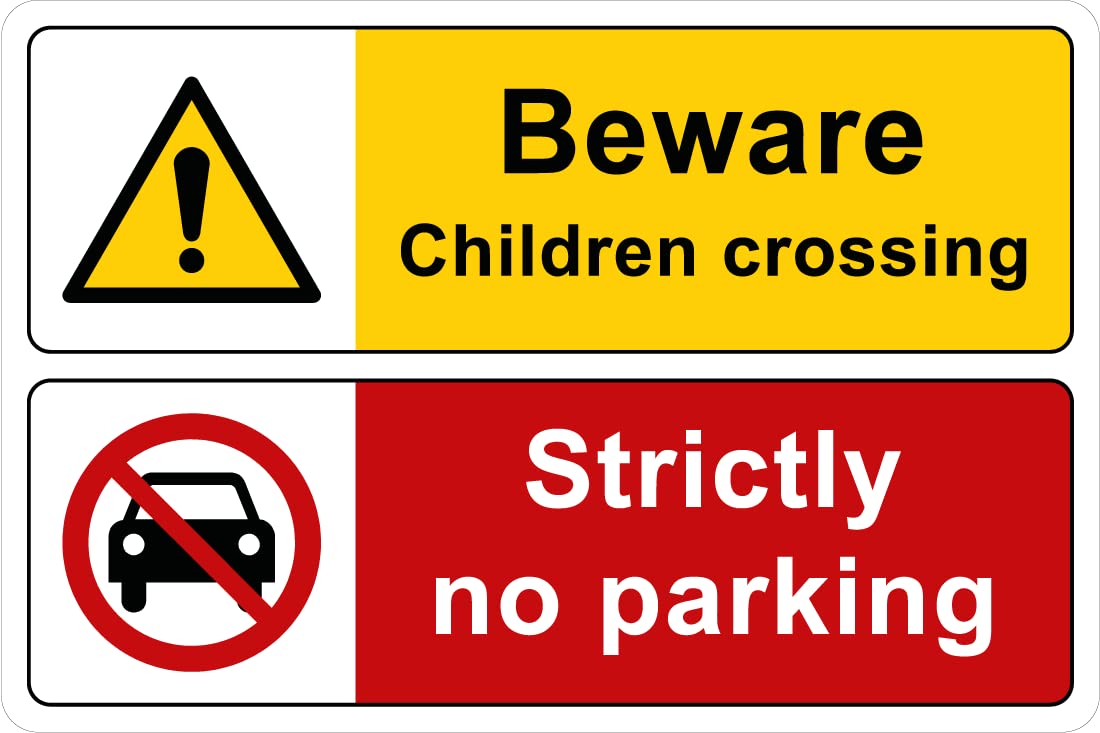 Pack of 2 signs 300mm x 200mm x 3mm with rounded corners, Beware children crossing Strictly no parking, Red, yellow
