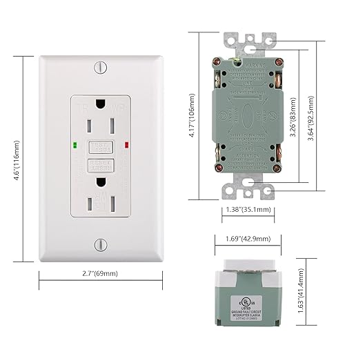 Vista 40 de Wengart GFCI Outlet Non_Tamper Resistant, 120V AC 15AmpLED Indicador, Falla de tierra eléctrica con placas de pared y tornillos decorativos