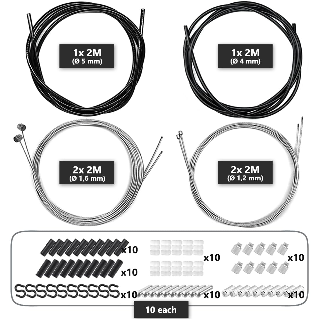 Universale Cavo Bicicletta Set di Ricambio,Set di 2 Cavo Freno e 2 Cavo Leva Cambio,Con Guaina Cavo e Cappellini End Crimps,per Mountain Bike e Bici Comune