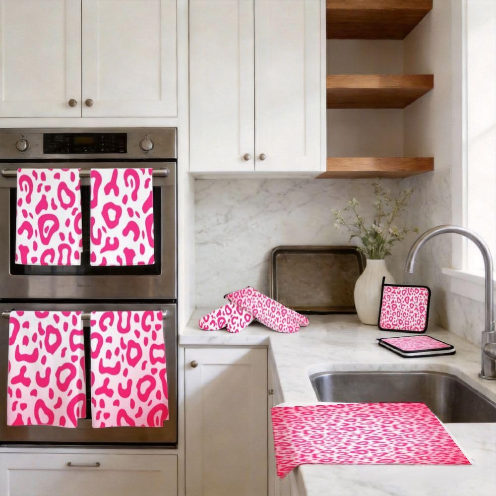 9PCS Pink Leopard Print7 Set di decorazioni e accessori per la cucina