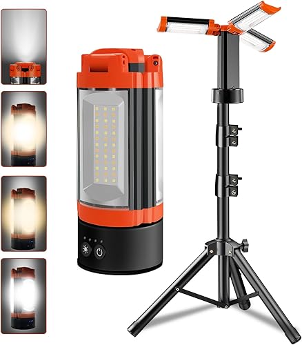 Luz de campamento recargable con soporte de 6.5 pies de altura máxima, luz de trabajo inalámbrica de 9000 mAh con 3 cabezales de lámpara LED, 2200