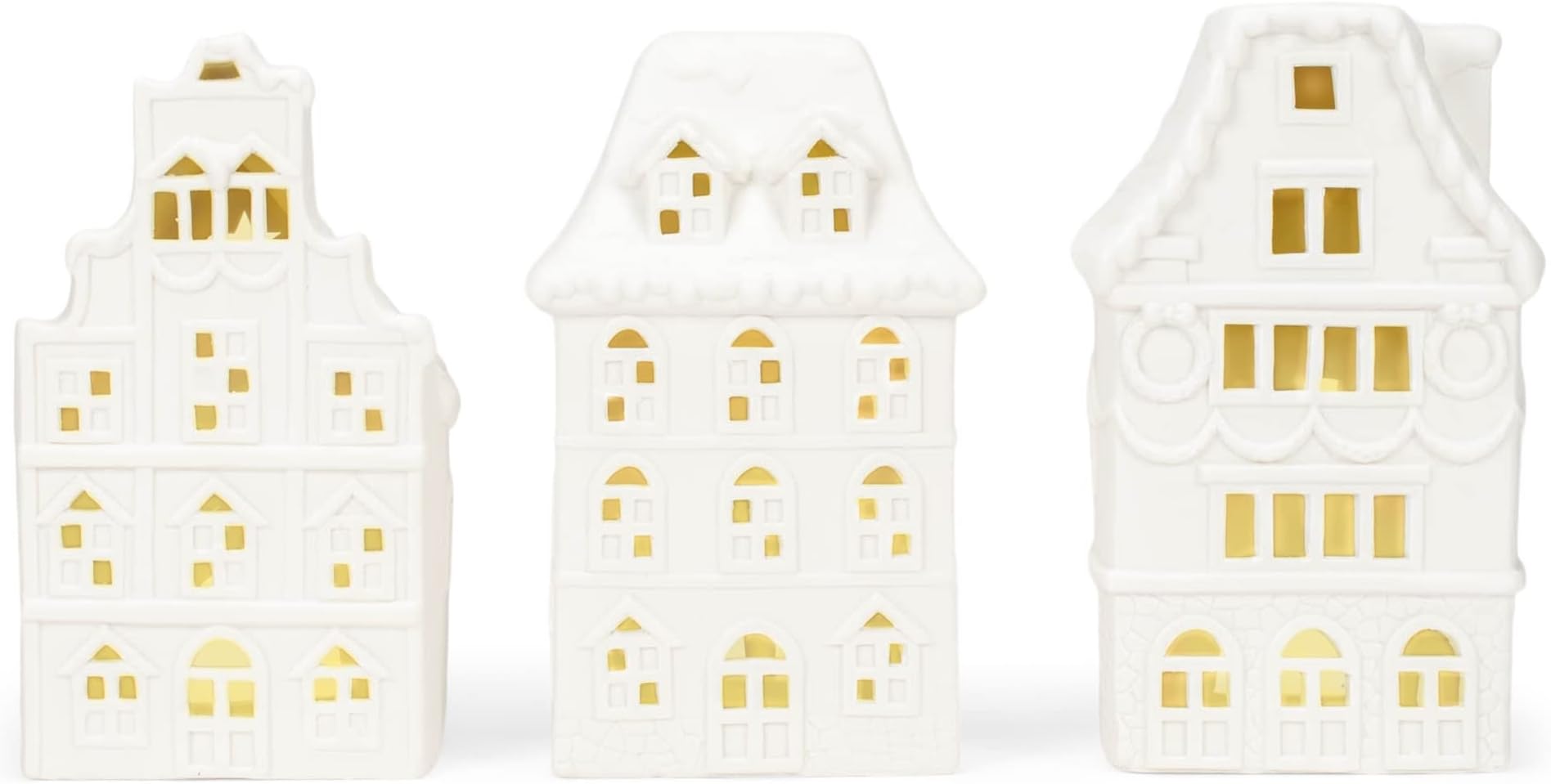 Village Row House White 8 x 4.5 Porcelain Holiday Tea Light Figurines Set of 3
