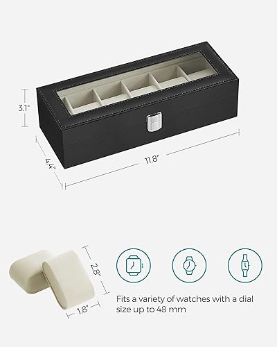 Miniatura 6 de SONGMICS Caja de reloj caja de reloj de 6 ranuras con tapa de cristal grande almohadas de reloj extraíbles organizador de caja de reloj regalo para