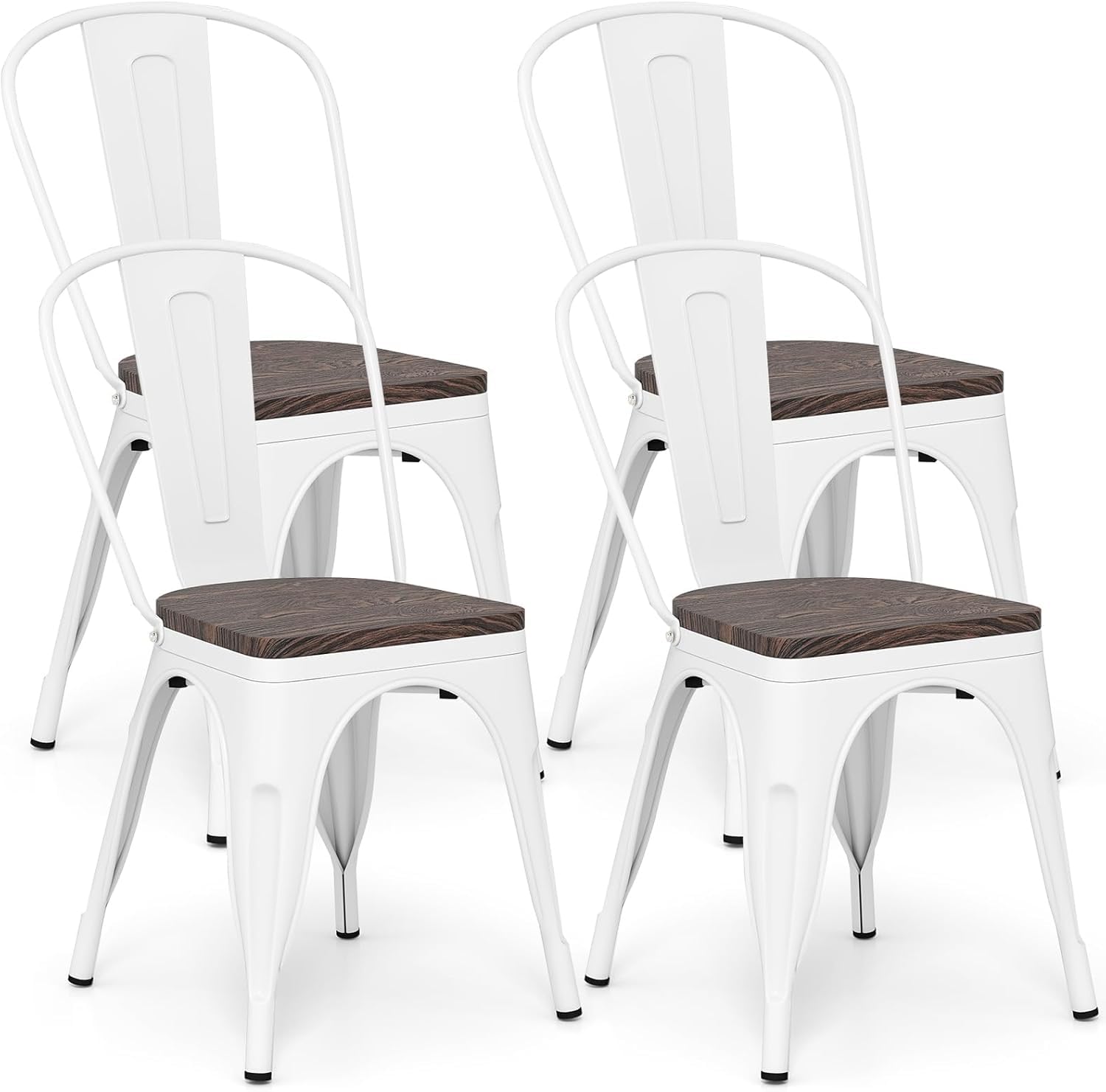 TANGZON Dining Chairs Set of 4, Stackable Steel Tolix Kitchen Chairs with Slat Backrest & Elm Wood/Hollowed Seat, Industrial Bistro Side Chair for Dining Room Restaurant Patio