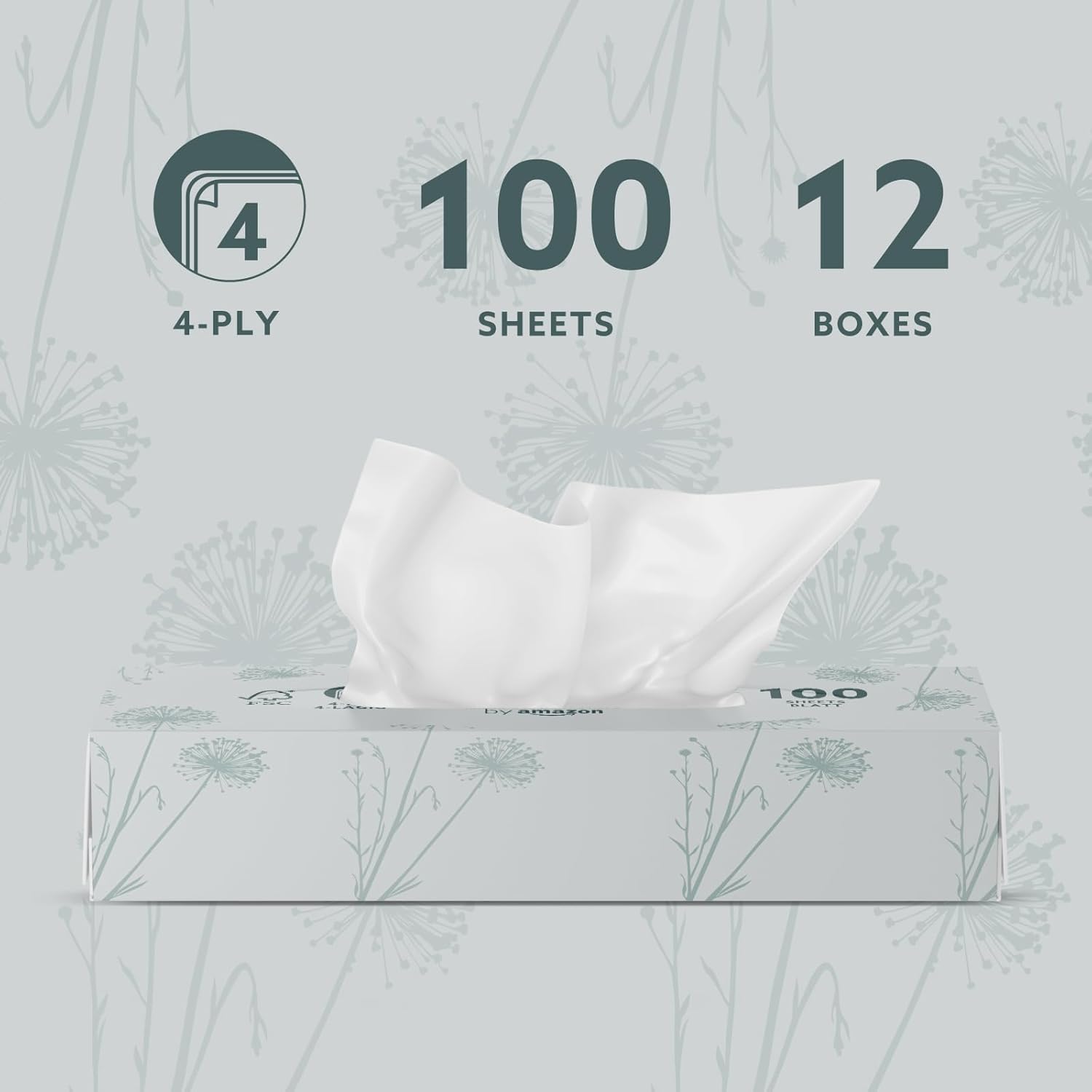by Amazon Mouchoirs 4 épaisseurs, 1200 mouchoirs 100 % cellulose vierge, pack 12 boîtes, texture douce et résistante - Description