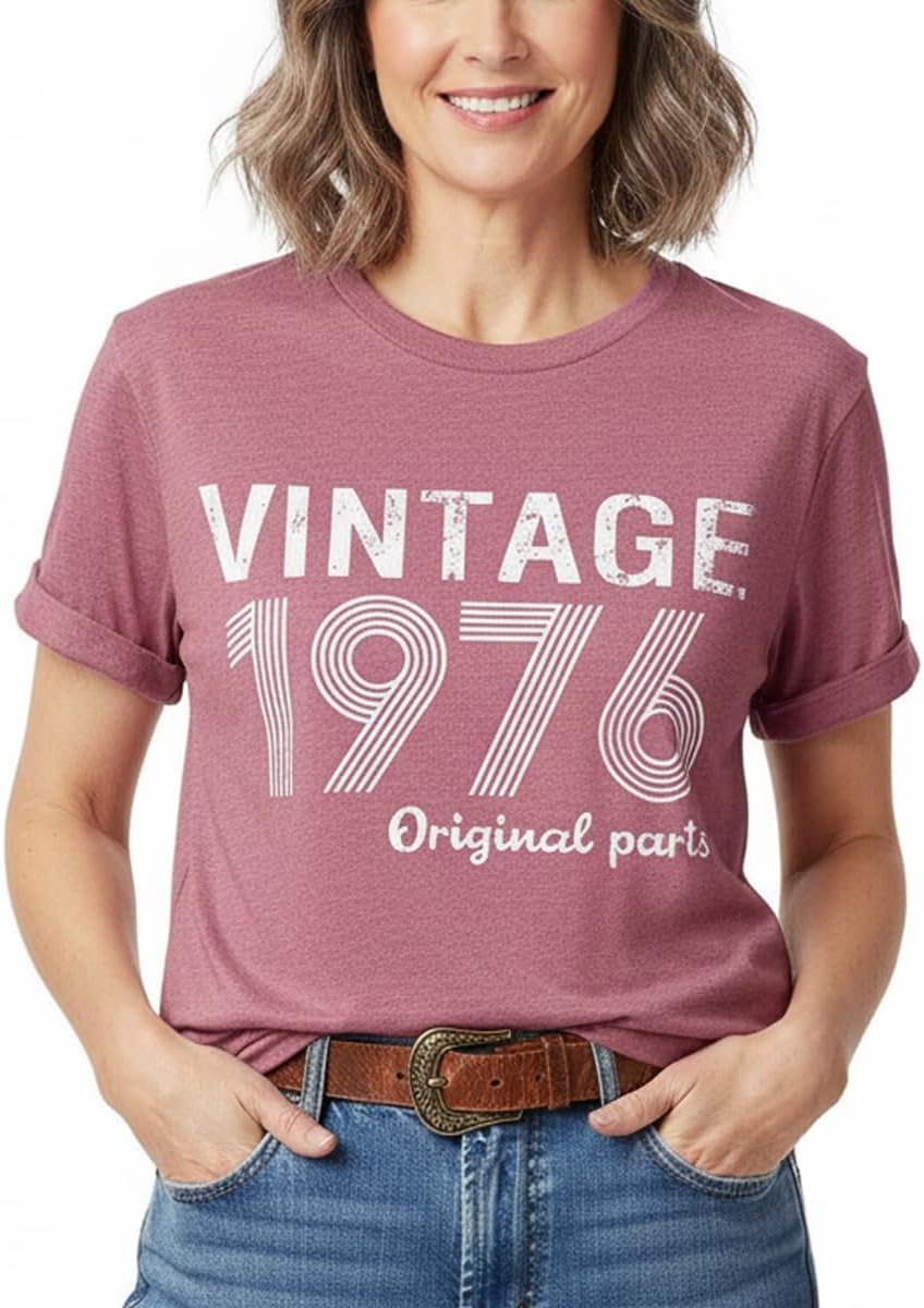 50th Birthday Gift for Women Vintage 1976 Shirts for Her Letter Print Retro BD Tops Casual Short Sleeve Tee - Image 2