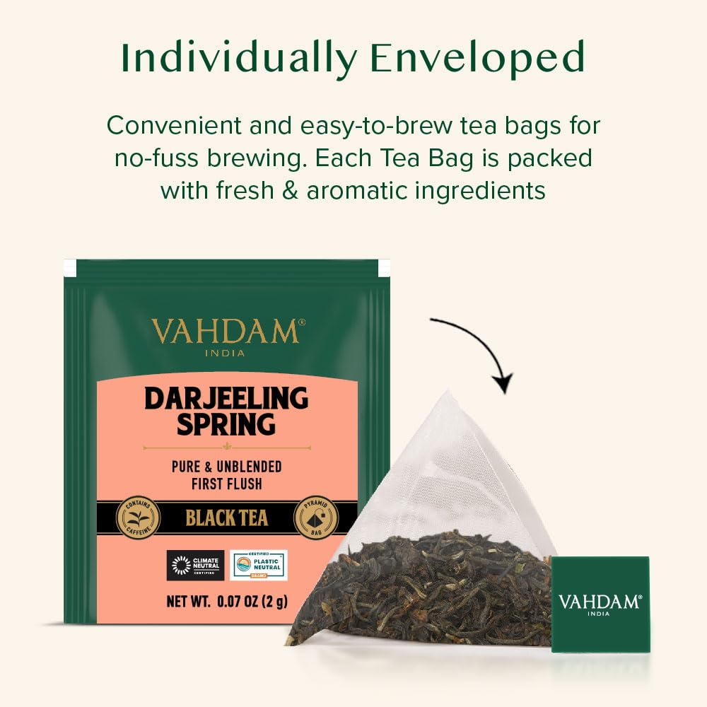 VAHDAM, Tè Darjeeling in foglia intera, 30 bustine piramidali. Primo raccolto 100% puro dall'India