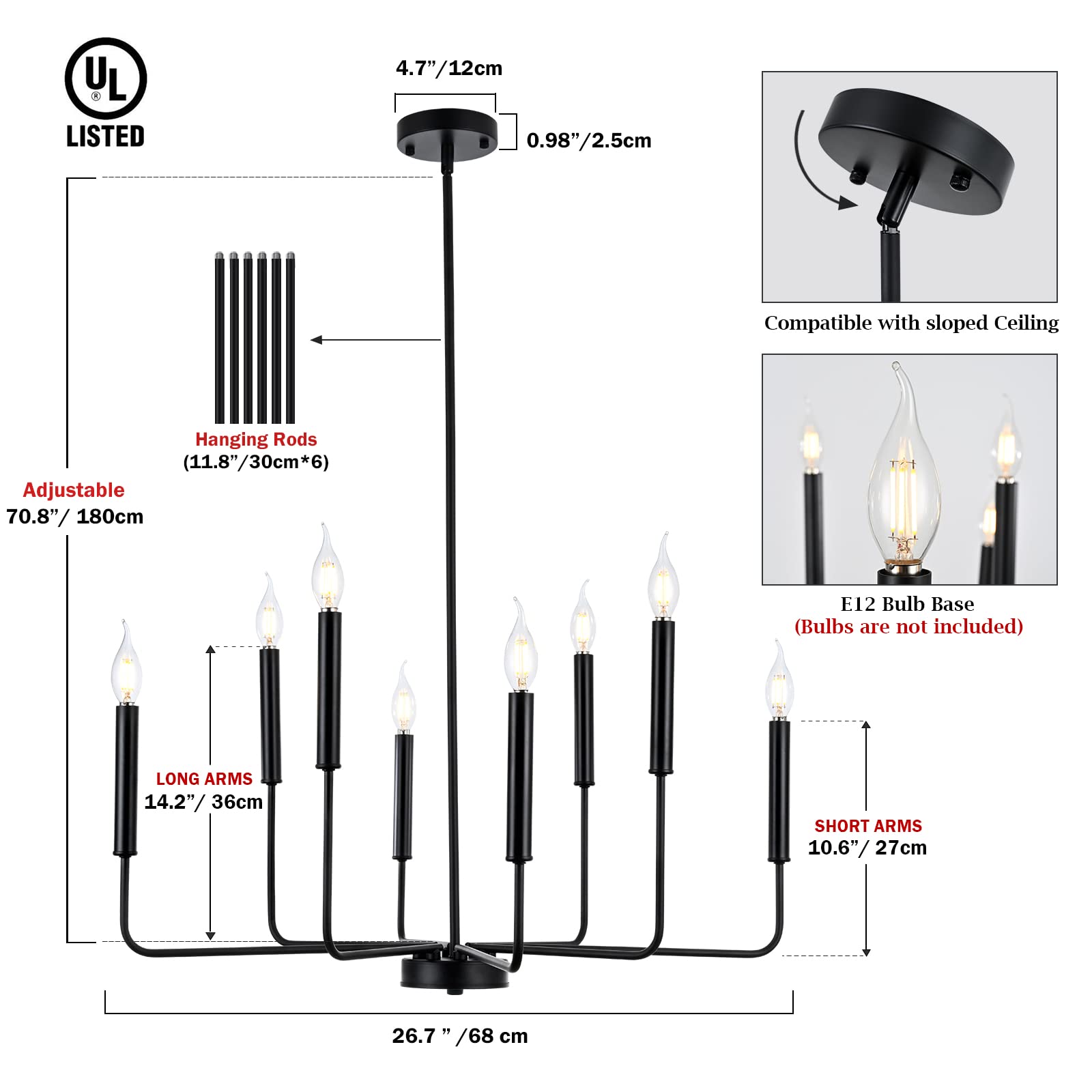 WOKNOS Modern Black Farmhouse Chandeliers, 8-Light Industrial Metal Chandelier Lighting, Classic Candle Hanging Pendant Light Fixtures for Kitchen Bedroom, Dining Room, Living Room,Foyer UL Listed