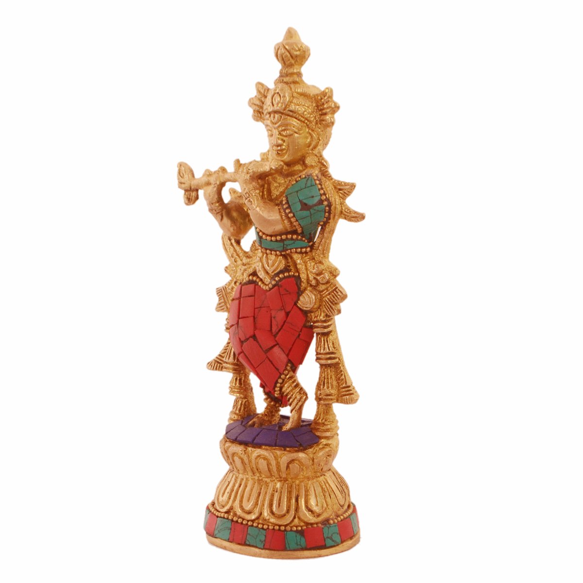 Purpledip Brass Idol Krishna: Gemstones Overlay Statue for Home Temple (11236)