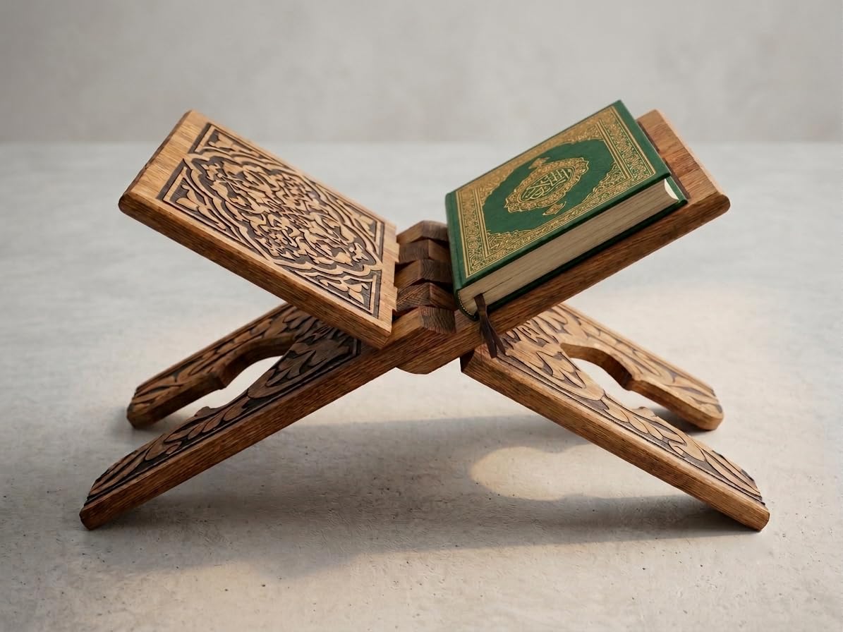 Elar Wooden Ahşap Rahle - Selçuklu Motifli Oyma Kitap ve Kur'an-ı Kerim Standı, Katlanabilir (45 cm uzunluk, 18 cm genişlik) – Kuran-ı Kerim ve Büyük Boy Kitap Tutucu (45 cm)