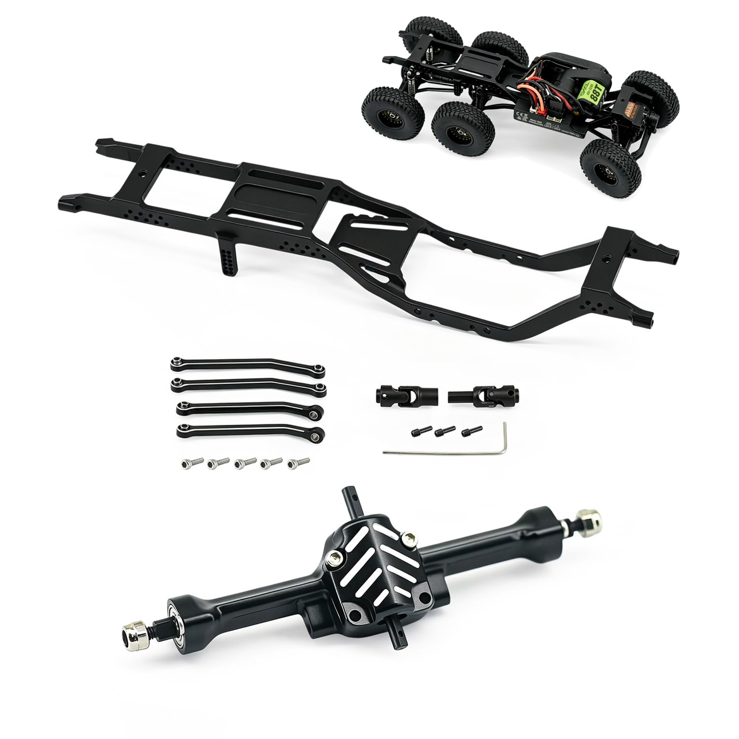 Hobbydetails SCX30 6X6 Upgraded Chassis Frame with Axles, Aluminum Alloy Metal Parts Set, Compatible with Axial SCX30 RC Crawler (V1 6X6-Black)