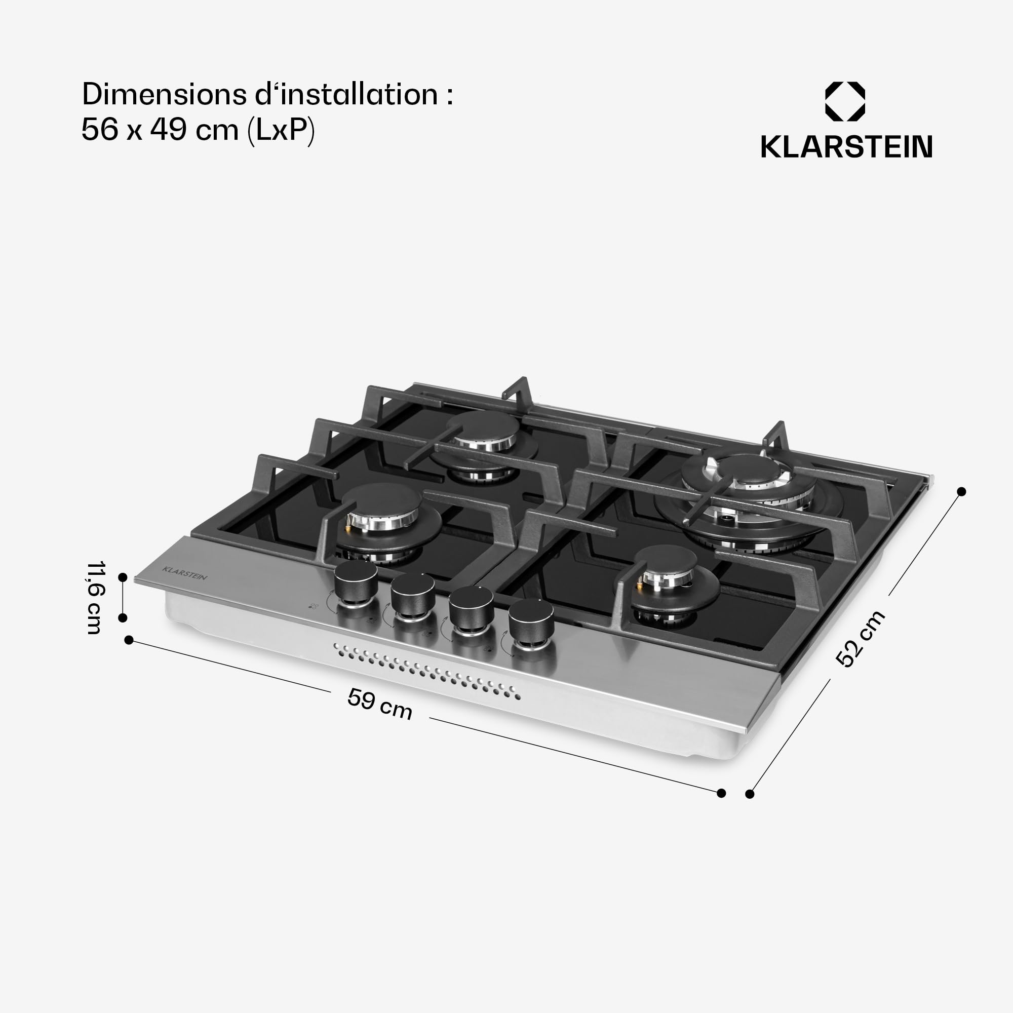 Klarstein Plaque de Cuisson Gaz 4 Feux, Table de Cuisson à Gaz 4 Brûleurs, Plaque 8.0 kW, Piano Cuisine en Acier Inoxydable, de Encastrable, a Cuisine Inox