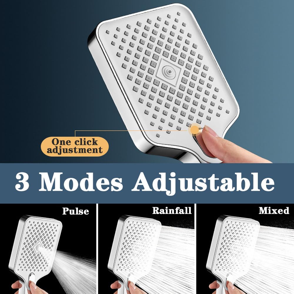 Cabezal de ducha de gran flujo de alta presión, negro, 4 modos, boquilla rociadora cuadrada para ahorro de agua, masaje, ducha de lluvia, accesorios de baño, gris B, 1