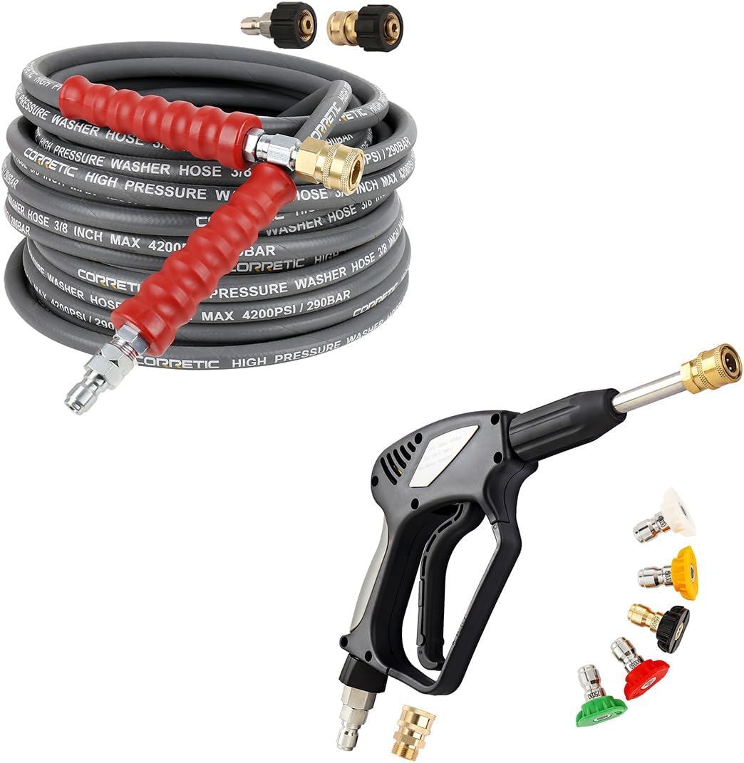Pressure Washer Hose and Gun Kit, 4200 psi 50ft 3/8" Power Washer Hose Replacement and 5000 PSI Pressure Washer Short Gun with Swivel