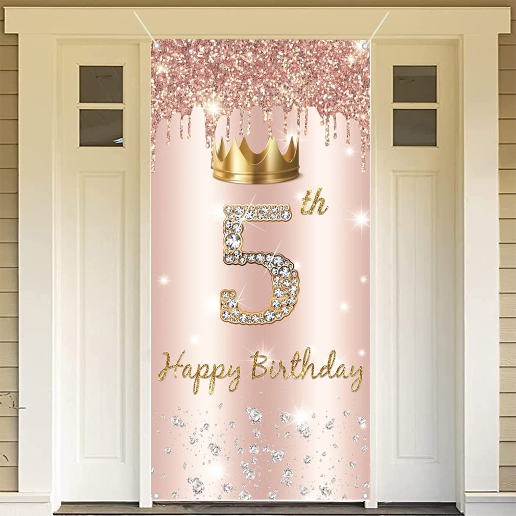5. urodziny dziewczyna dekoracja, Happy 5 Birthday drzwi w kolorze różowego złota, baner z materiału 5. urodziny materiał szyld plakat dekoracja drzwi baner, tło baner, tło baner przyjęcie urodzinowe dekoracja
