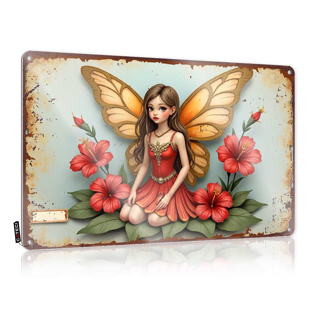 Fzfn Colour Bar Man Cave Decor Tin Sign Rustic Fun | Enchanted Butterfly Fairy Amidst Crimson Flowers Novelty Metal Wall Decor For Classroom Home(20X30cm)