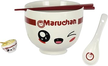 Seven Times Six Maruchan Ramen Kawaii Face Instant Lunch 4 Piece Noodle Ramen Bowl Set w Bowl, Spoon, Chopsticks, and Chopstick Holder