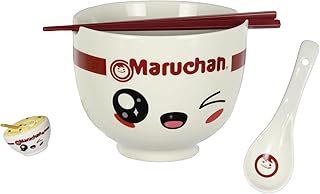 Seven Times Six Maruchan Ramen Kawaii Face Instant Lunch 4 Piece Noodle Ramen Bowl Set w Bowl, Spoon, Chopsticks, and Chopstick Holder