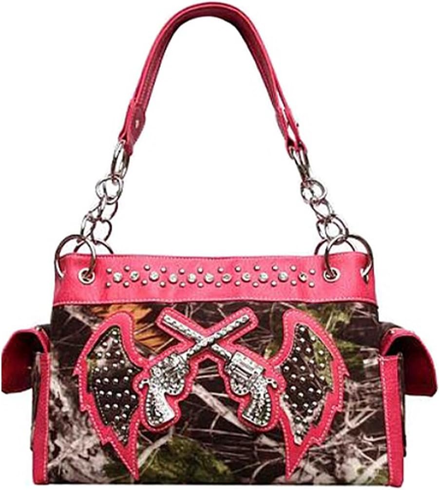 Cowgirl Soft Camo Angel Wings Rhinestone Guns Satchel Purse