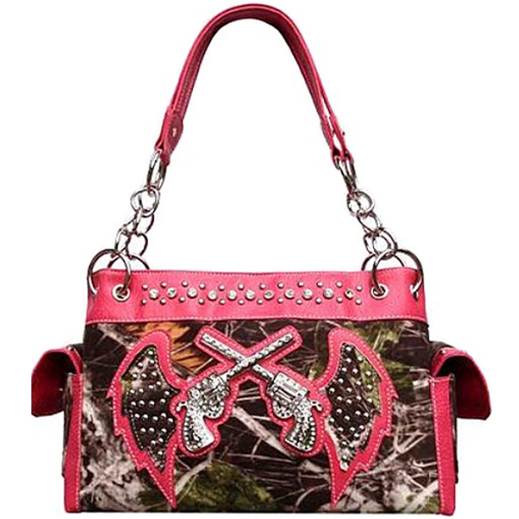 Cowgirl Soft Camo Angel Wings Rhinestone Guns Satchel Purse