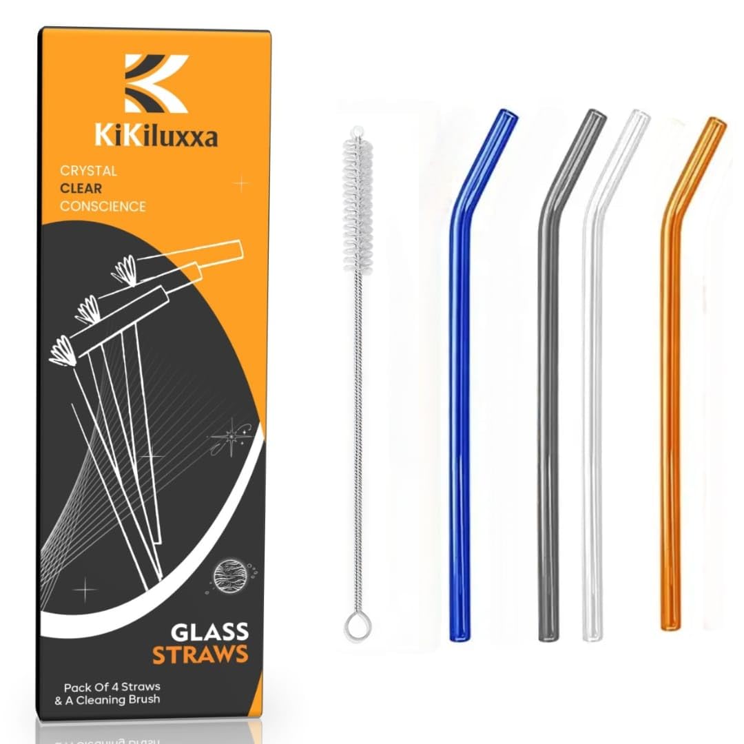 KiKiluxxa Glass Straws with Cleaning Brush -4 Transparent Straws & 1 Cleaner - 5pcs Combo Set- Clear Reusable, Elegant Alternate to for Drinking Juice, Smoothie -4Clour (QZ4+1)