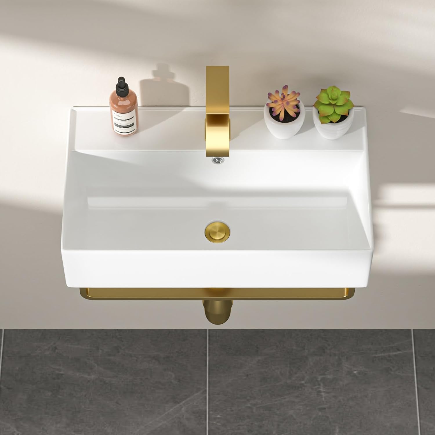 Dcolora 21 In. White Wall Mounted Bathroom Sink, Rectangular Ceramic Floating Wall Hung Sink with Gold Faucet & Towel Rack, Space-Saving Basin for Small Bathrooms #DC-SFDOE00088