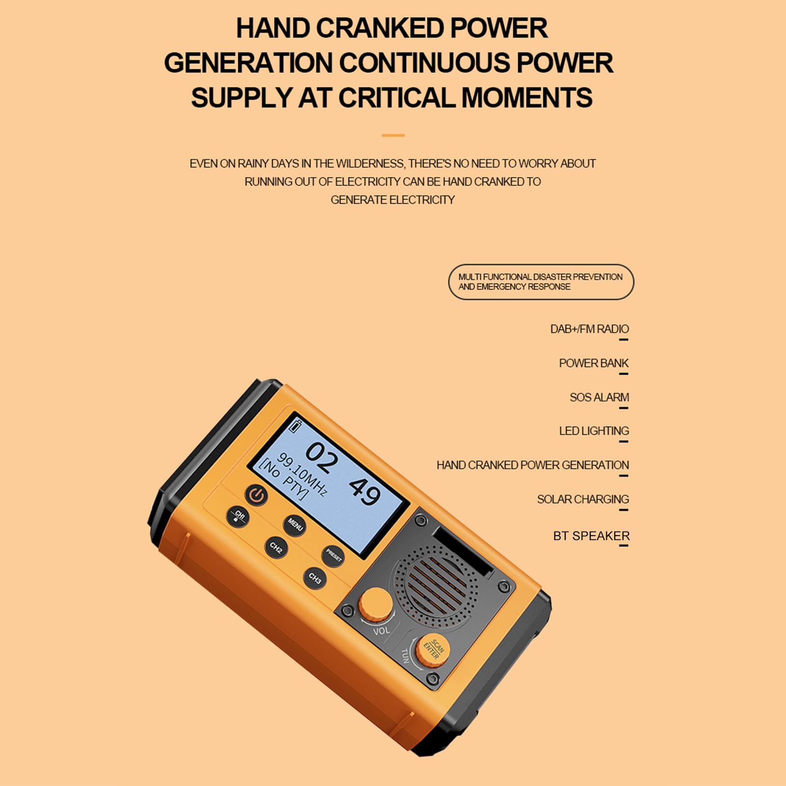 Domary Radio d'urgence de Manivelle à Main Solaire Portable Dab + / FM BT 5.0 Haut-Parleur 10000mAh Banque d'alimentation LED Lampe de Poche SOS Alarme IPX6 Imperméable avec Charge (Jaune)