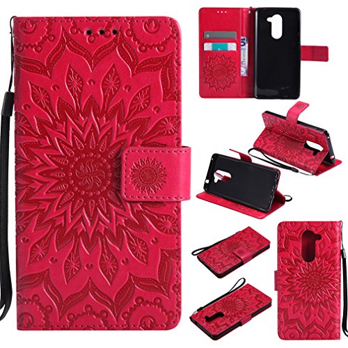 LMAZWUFULM Hülle für Honor 6X / Huawei GR5 2017 5,5 Zoll PU Leder Magnet Brieftasche Lederhülle Sonnenblume Prägung Design Stent-Funktion Ledertasche Flip Cover Rot
