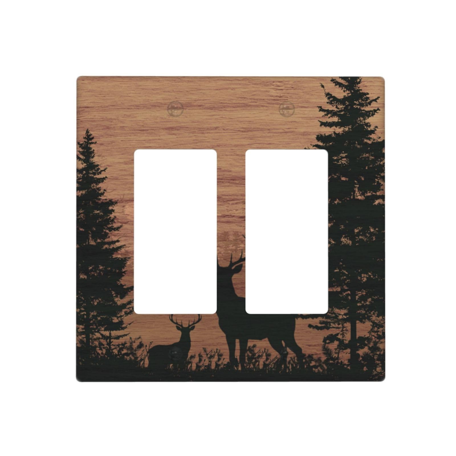 Dwbguo Deer Forest Decorative Outlet Covers Rustic Wood Grain Forest Deer 2 Gang Light Switch Cover Plate Double Rocker Wall Plates For Electrical Outlets Switch Plate Covers For Lodge Farmhouse Decor