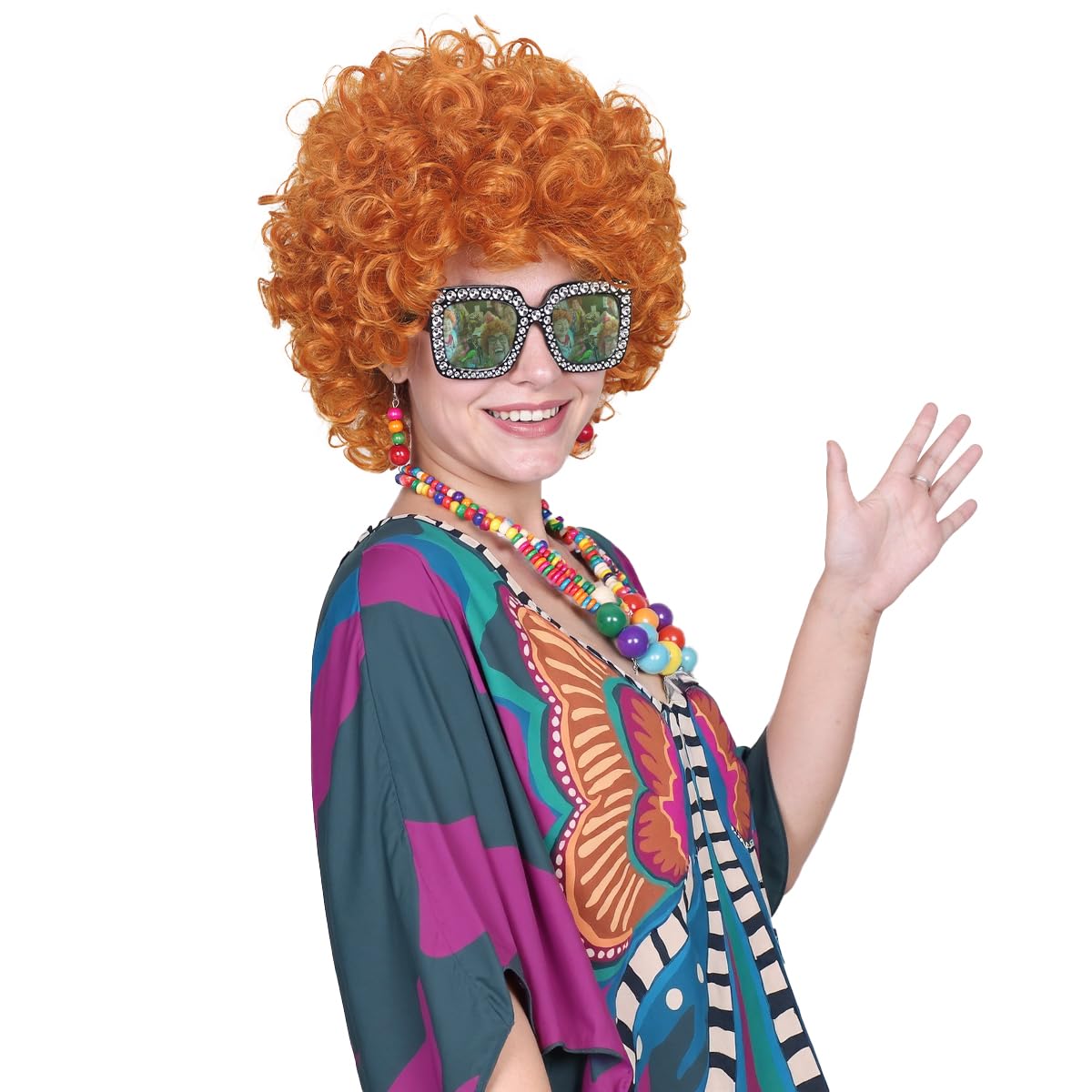 ColorGround Short Curly Orange Red Wig with Necklace Earrings Sunglasses for 70s Costumes Themed Party - Image 3